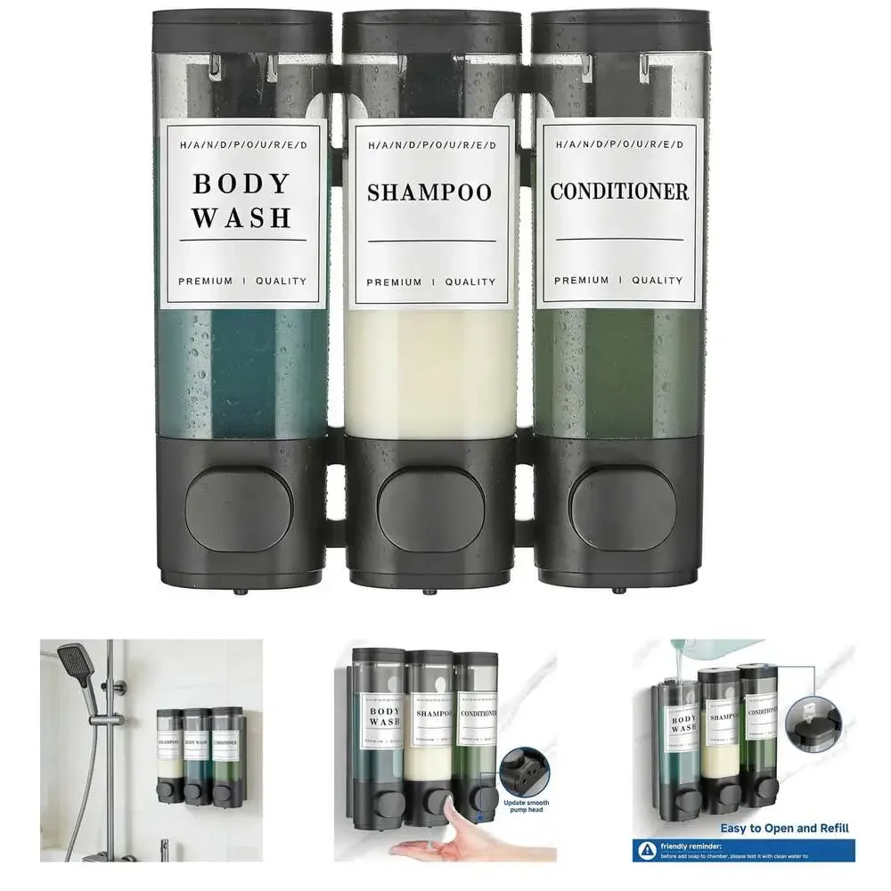 Shower Soap Dispenser Wall Mounted No Drill 2 Chamber 300Ml Black Bathroom Hotel